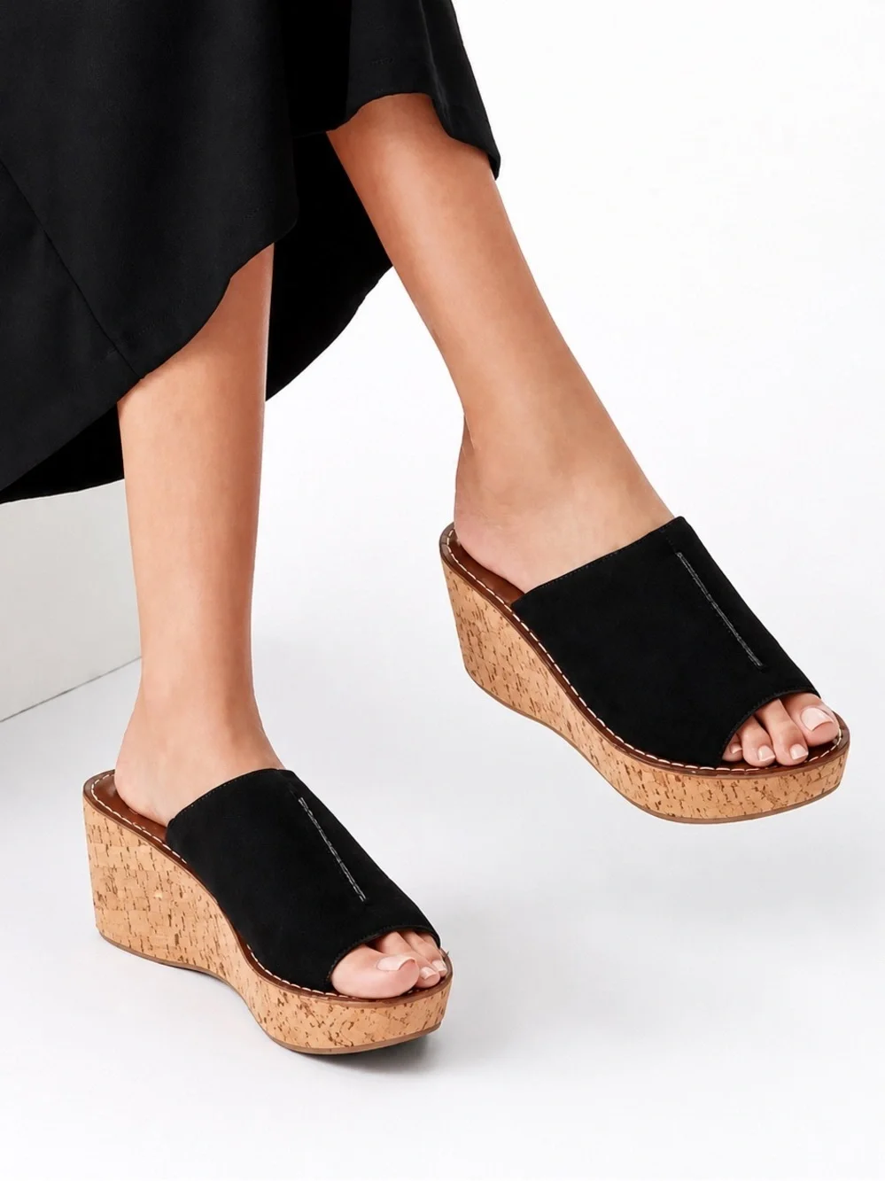 Sam Edelman Ranger Black Suede Cork Wedge Mule Slide Sandals Women’s Size 10
